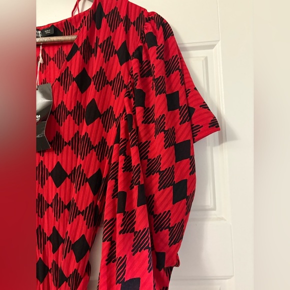 NWT Zara Red Black Belted Tie Geometric Argyle Pattern Chic Maxi‎ Dress Small S - Picture 7 of 7